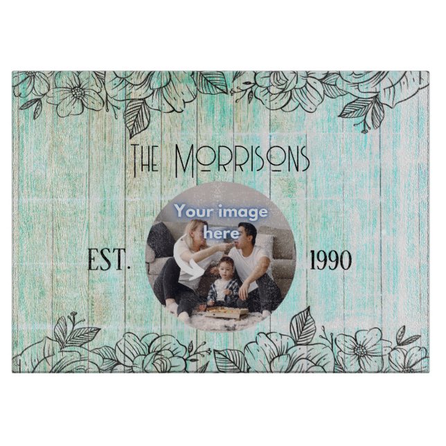 Blue Wood Anniversary Family Photo Template Cutting Board (Front)