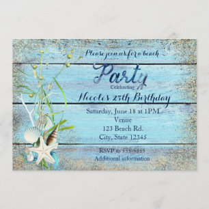 Blue Wood Beach Tropical Birthday Party Invitation