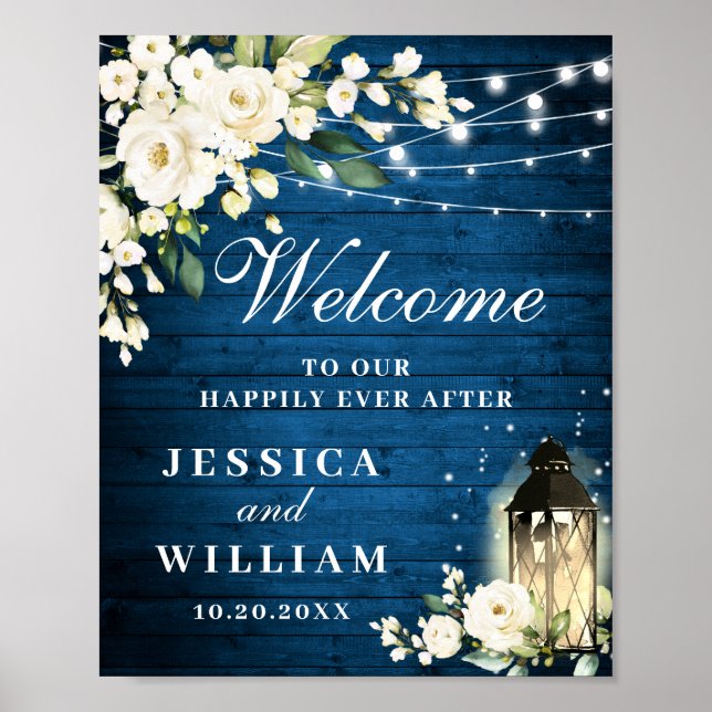 Blue Wood & Blush Roses Floral Wedding Welcome Poster (Front)