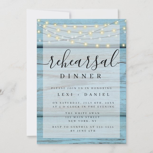 Blue Wood Boho Lights Rehearsal Dinner Invitations (Front)