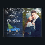 Blue Wood Brush Script Truck Lights Christmas Postcard<br><div class="desc">Rustic Wood Brush Script Watercolor Vintage Truck with Christmas Tree - Merry Christmas Couple Photo Postcard with Mason Jar String Lights. Blue Truck,  Blue Wood.</div>