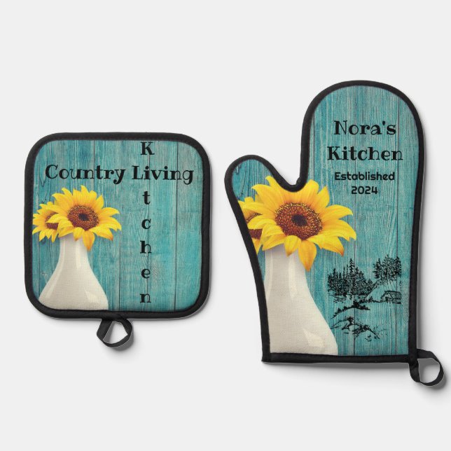 Blue Wood Daisy Oven Mitt & Pot Holder Set (Front)