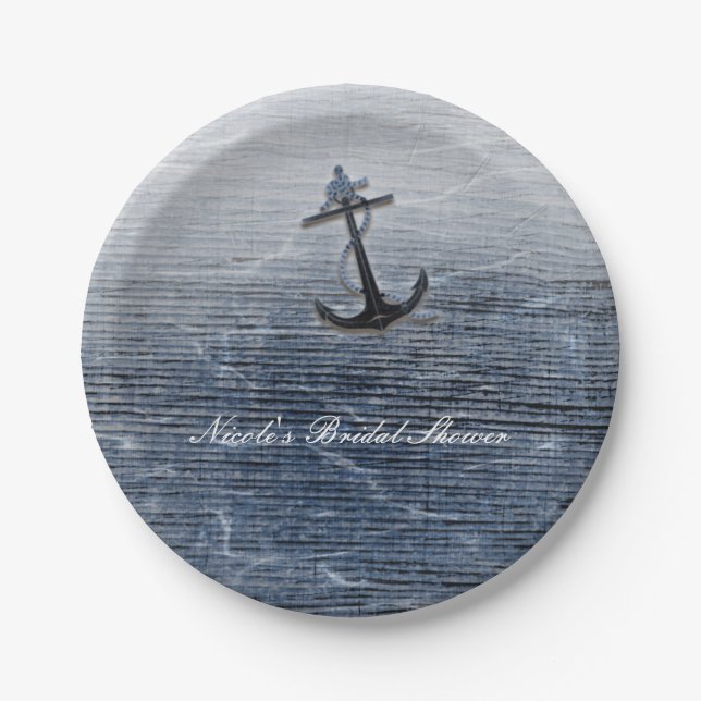 Blue Wood Elegant Nautical Beach Sea Party Custom Paper Plate (Front)