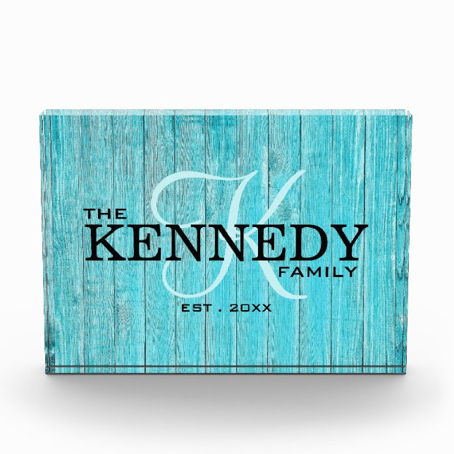 Blue Wood Family Monogram Last Name Typography Photo Block (Front)
