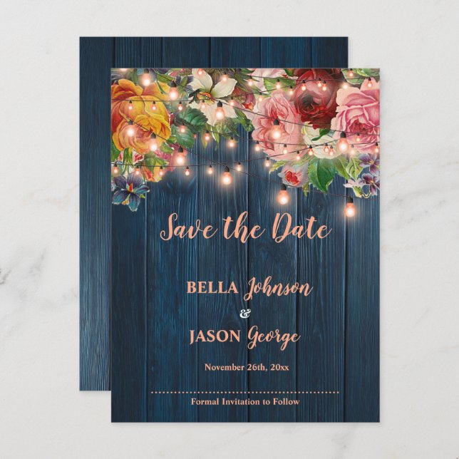 Blue Wood Floral Lights Wedding Save The Date Announcement Postcard (Front/Back)