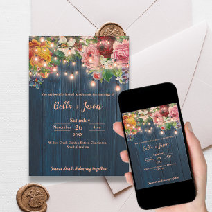 Blue Wood Floral String Lights Rustic Wedding Invitation