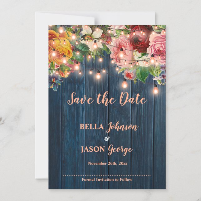 Blue Wood Floral String Lights Save The Date Magnetic Invitation (Front)