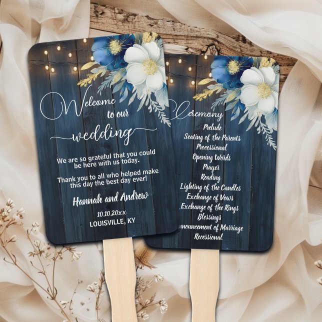 Blue Wood Floral Wedding Program Ceremony Hand Fan (Creator Uploaded)