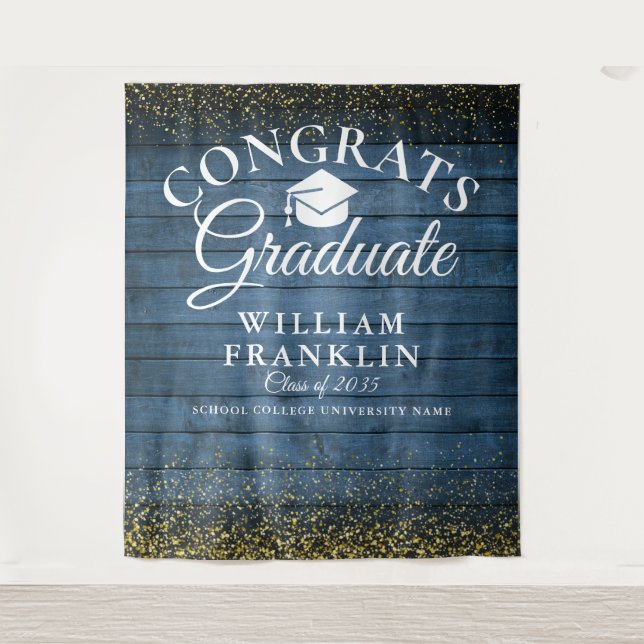 Blue Wood Gold Glitter Graduation Photo Backdrop Tapestry (Front)