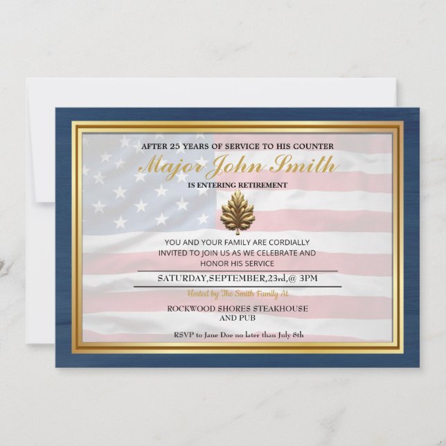 Blue Wood Gold Oak Military Retirement Invitation (Front)