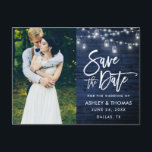 Blue Wood Jar Lights Brush Script Save The Date Postcard<br><div class="desc">Modern Brush Script,  Rustic Blue Wood,  String Lights with Mason Jars,  Save The Date Engagement Couple Photo Postcard</div>