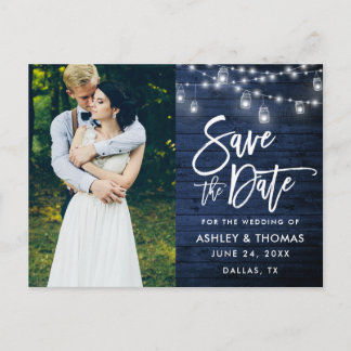 Blue Wood Jar Lights Brush Script Save The Date Postcard