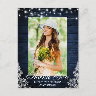 Blue Wood Lace Lights Photo Graduation Thank You Postcard