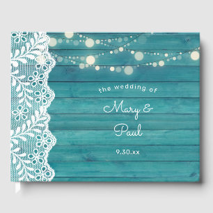 Blue Wood Lace & String Lights Guest Book