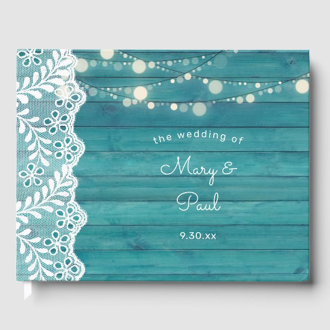 Blue Wood Lace & String Lights Guest Book (Front)