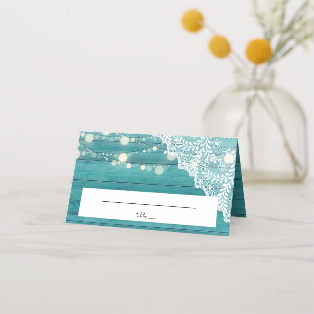Blue Wood, Lace & String Lights Wedding Place Card (Front)