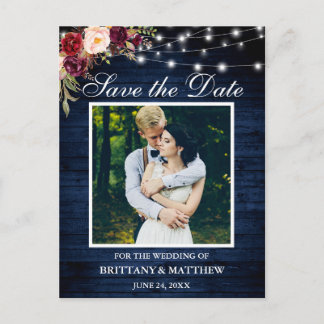 Blue Wood Lights Burgundy Floral Save the Date Postcard