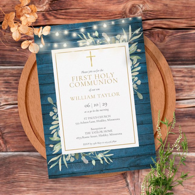 Blue Wood Lights Greenery First Holy Communion Invitation (Creator Uploaded)