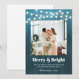 Blue Wood Lights Photo Christmas Holiday Card