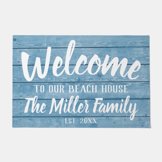 Blue Wood Nautical Beach House Family Year Est  Doormat (Front)