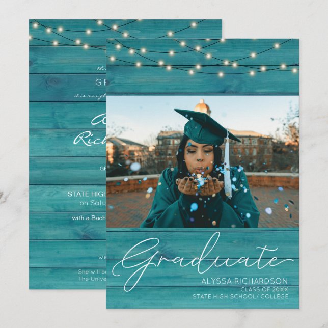 Blue Wood Photo Typography Graduation Announcemet Invitation (Front/Back)