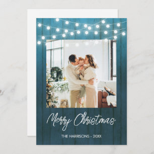 Blue Wood Plate String Lights Photo Christmas Holiday Card