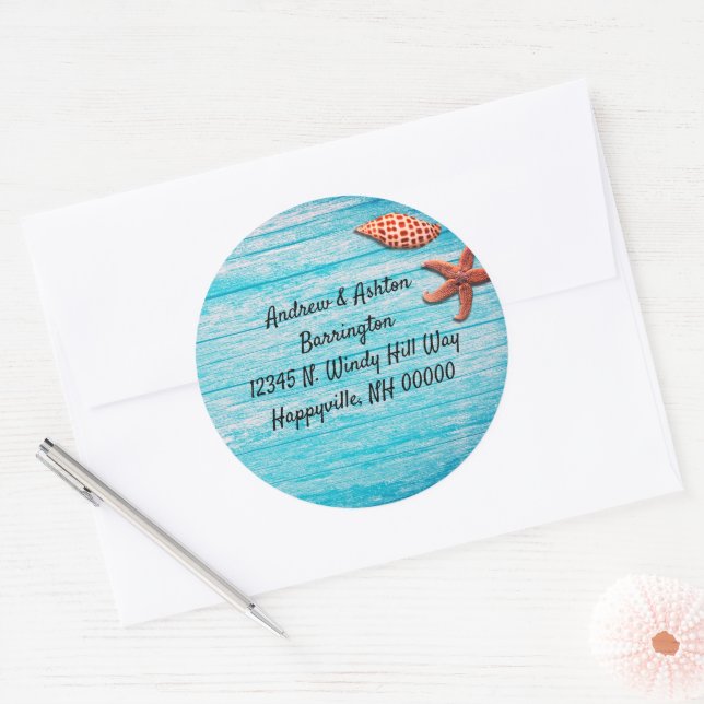 Blue Wood Starfish Seashells Return Address Classic Round Sticker (Envelope)