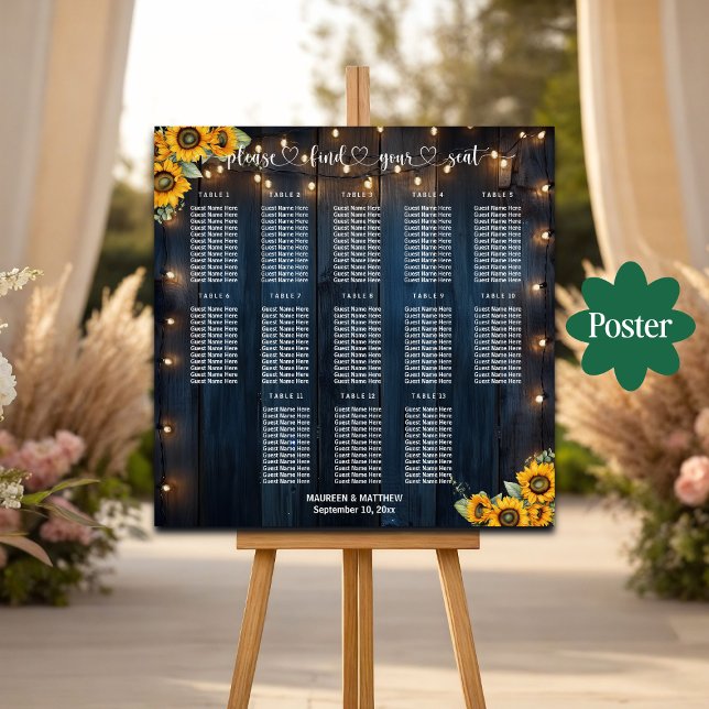 Blue Wood String Lights 13 Tables Wedding Seating Poster (Creator Uploaded)