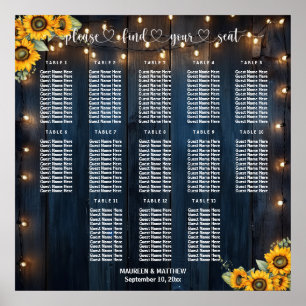 Blue Wood String Lights 13 Tables Wedding Seating Poster