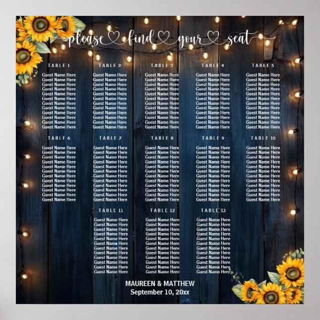 Blue Wood String Lights 13 Tables Wedding Seating Poster (Front)