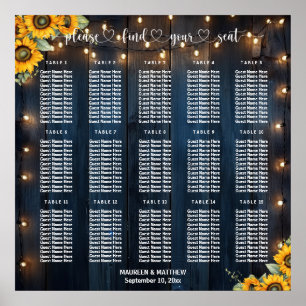Blue Wood String Lights 15 Tables Wedding Seating Poster