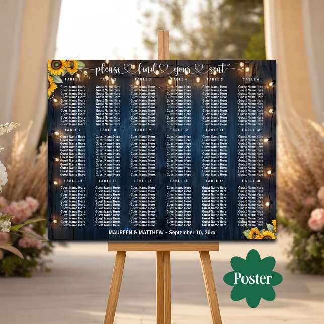 Blue Wood String Lights 18 Tables Wedding Seating Poster (Creator Uploaded)