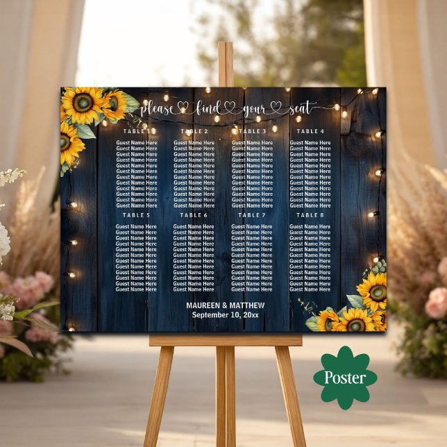 Blue Wood String Lights 8 Tables Wedding Seating Poster (Creator Uploaded)