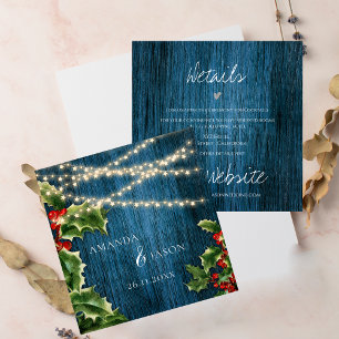 Blue Wood String Lights Christmas Wedding Details Enclosure Card