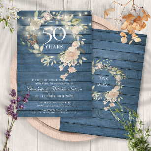 Blue Wood String Lights Floral 50th Anniversary Invitation