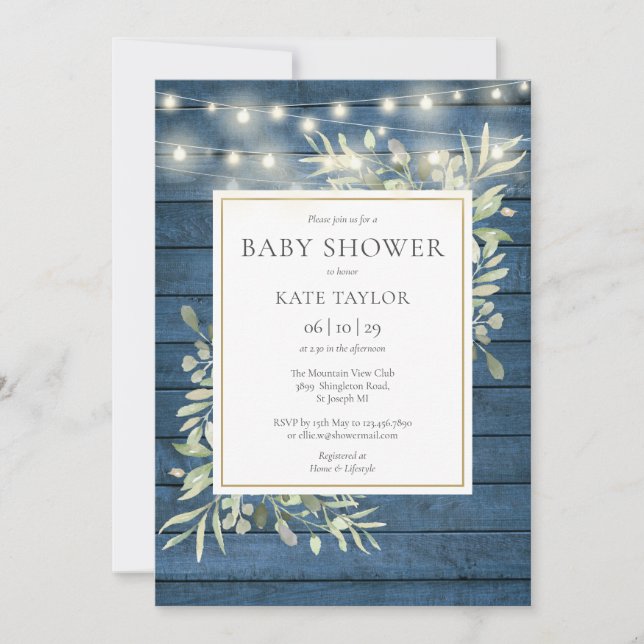 Blue Wood String Lights Greenery Baby Shower Invitation (Front)