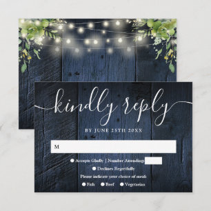 Blue Wood String Lights Greenery Boho Wedding RSVP Card