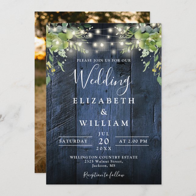 Blue Wood String Lights Greenery Photo Wedding Invitation (Front/Back)