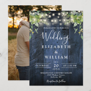 Blue Wood String Lights Greenery Photo Wedding Invitation