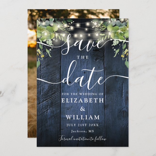 Blue Wood String Lights Greenery Photo Wedding  Save The Date (Front/Back)