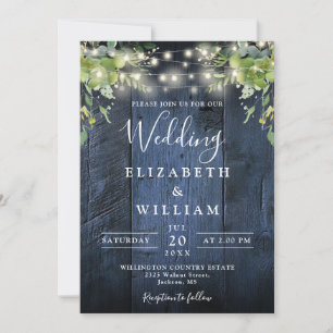 Blue Wood String Lights Greenery QR Code Wedding Invitation