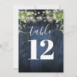 Blue Wood String Lights Greenery Table Number