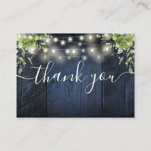 Blue Wood String Lights Greenery Wedding Thank You Place Card