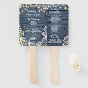Blue Wood String Lights & Lace Wedding Program Hand Fan