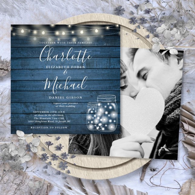 Blue Wood String Lights Mason Jar Wedding Photo Invitation (Blue Wood String Lights Mason Jar Wedding Photo Invitation)