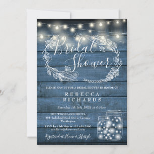 Blue Wood String Lights Mason Jars Bridal Shower Invitation