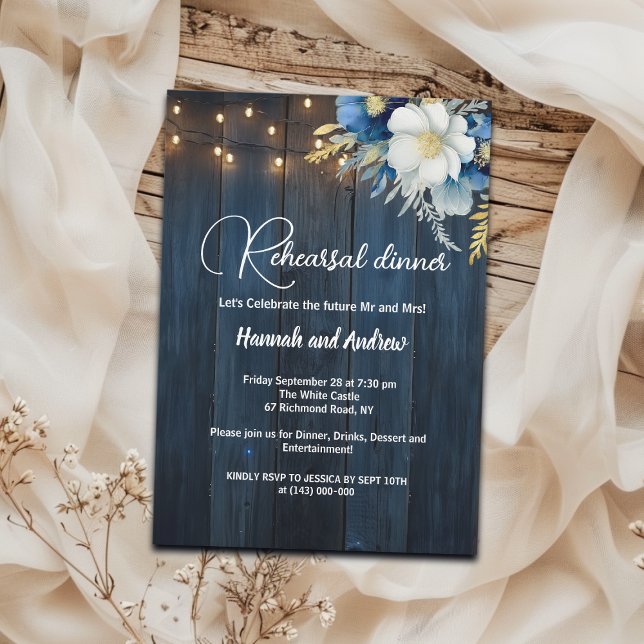 Blue Wood String Lights 'Rehearsal dinner' Wedding Invitation (Creator Uploaded)