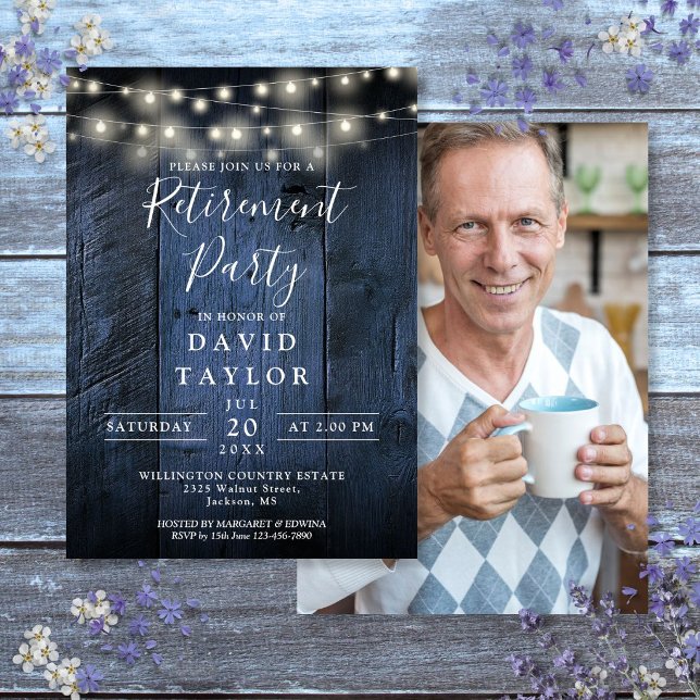 Blue Wood String Lights Retirement Party Photo Invitation (Blue Wood String Lights Retirement Party Photo Invitation)
