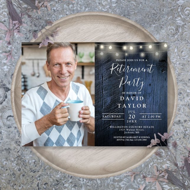 Blue Wood String Lights Retirement Party Photo Invitation (Blue Wood String Lights Retirement Party Photo Invitation)