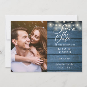 Blue Wood String Lights Script Photo Wedding Save The Date